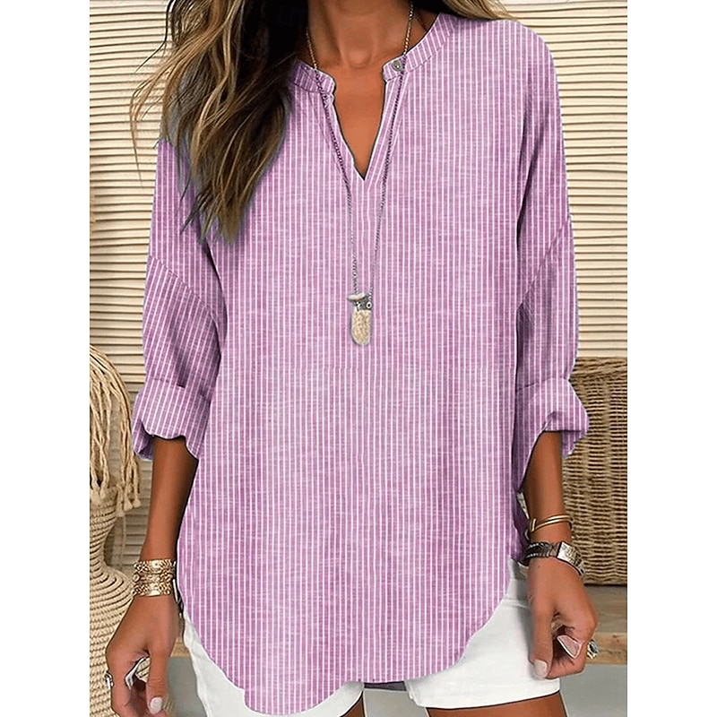 Women's Blouse Tunic V Neck Long Sleeve Boho Casual Tops Graphic Striped Elegant Stylish Regular Tops Daily Print Pink Blue Green Gray3