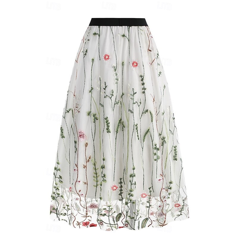 Women's Skirt A Line Elegant Fashion Casual Maxi High Waist Skirts Floral Embroidered Micro-elastic Street Daily Black White Red Blue Summer Polyester3