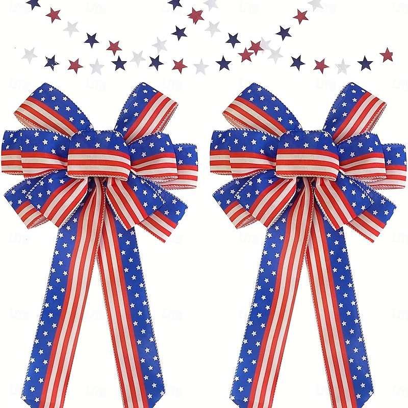 2 Pack Patriotic Burlap Bow Hanging Decoration for Independence Day 4th of July, USA Flag Stars, Red White Blue Rustic Party Decor