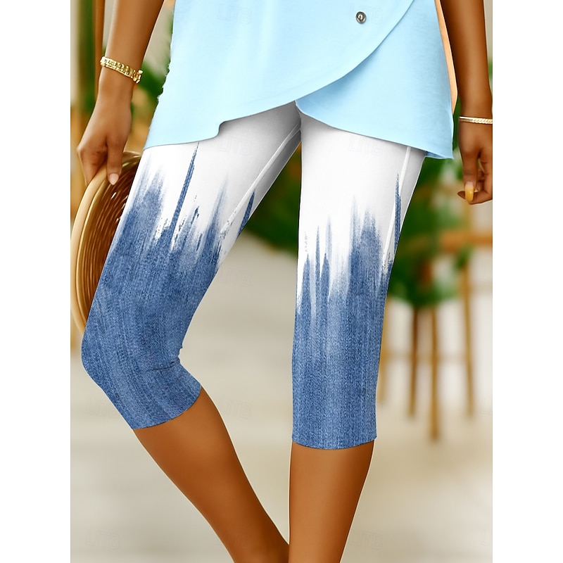 Women's Leggings Capri Pants 3D Print High Elasticity Vacation Vintage Fashion Calf-Length High Waist Graphic Gradient Printing Breathable Soft Stretchy Formal Vacation Office Robin's Egg Blue