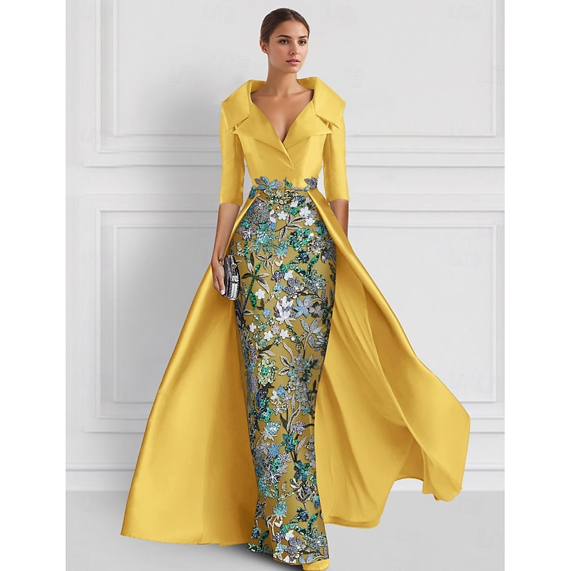 Embroidered Ball Gown A-Line Evening Gown Elegant Dress Formal Wedding Floor Length Half Sleeve Shirt Collar Satin with Slit Appliques 25