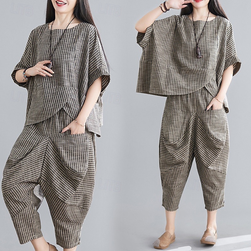 Women's Active Fashion Blouse Pants Sets Short Sleeve Crew Neck Striped Going out Casual Daily Black Summer Regular Fit