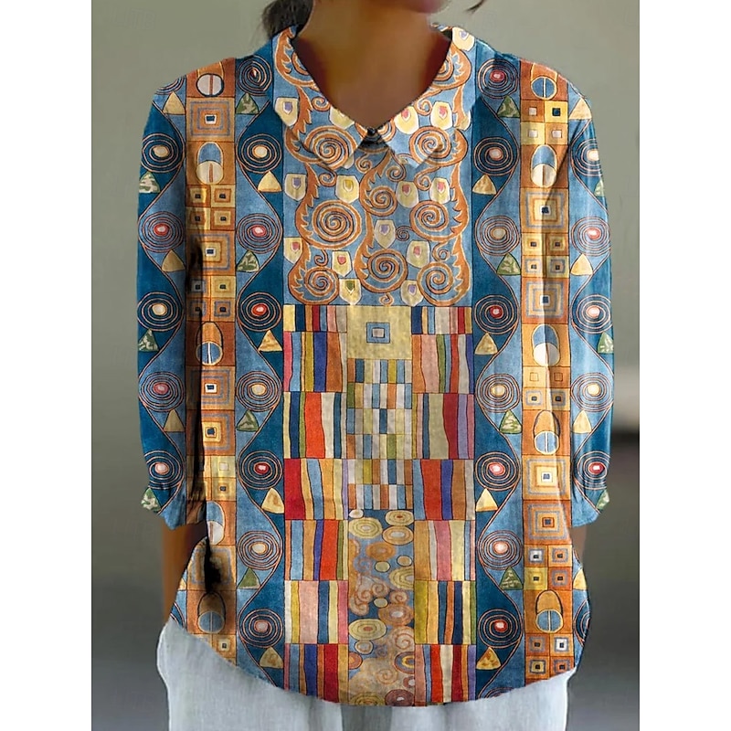 Women's Blouse Long Sleeve Peter Pan Collar Casual Graphic Geometric Bohemia Daily Stylish Collar Regular Tops Daily Buttons Print Yellow Blue Khaki Summer Spring2
