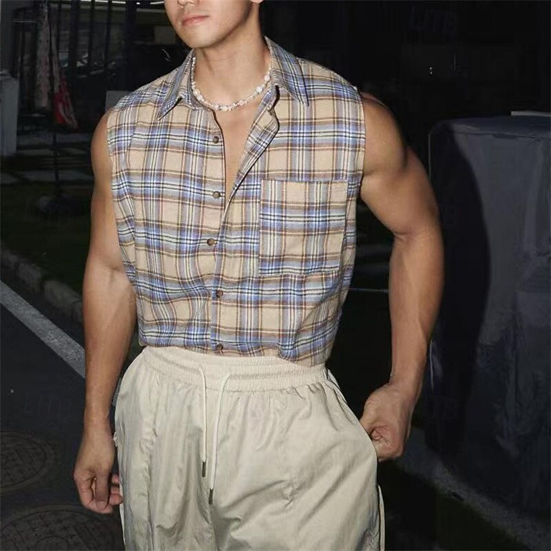 Men's Shirt Summer Shirt Casual Shirt Beach Shirt Button Up Shirt Purple Brown Sleeveless Plaid Lapel Vacation Hawaiian Front Pocket Clothing Apparel Polyester Fashion Casual Comfortable2