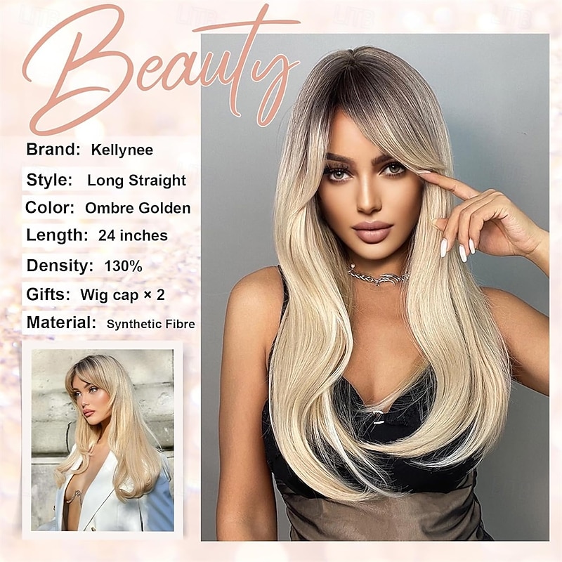 Ombre Golden Wig with Bangs - Long Straight Hair Dark Roots and Slight Inward Curls at the Ends - Heat Resistant Synthetic Hair for Women - Best for Daily Party and Special Occasions4