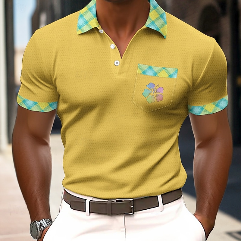 Men's Graphic Waffle Polo Shirts Short Sleeve Polo Shirts Collared Shirts Business Casual Business Daily Wear Buttons Pocket 3D Print Summer Yellow Blue Green2