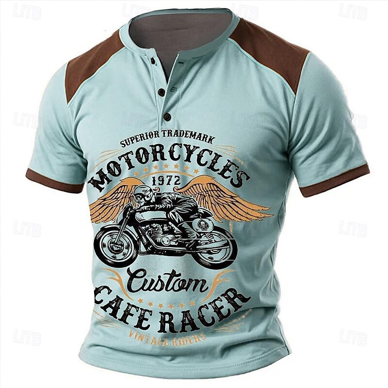 Men's Motorcycle T shirt Henley Shirt Short Sleeve 3D Print Designer Retro Vintage Street Casual Daily Summer Spring Blue Green Khaki Henley Henley T-Shirt4