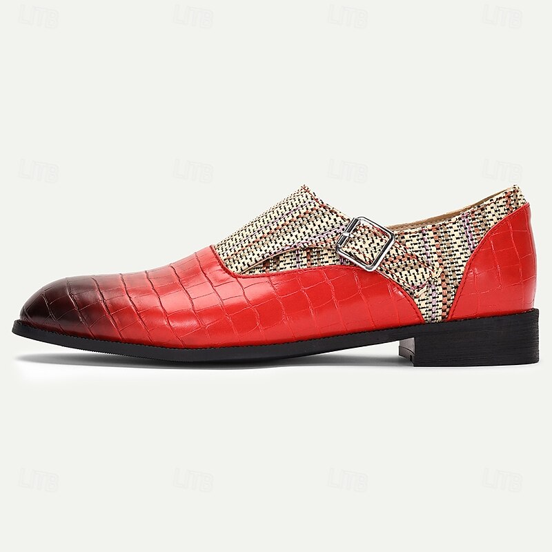 Men's Red Crocodile Pattern Monk Strap Loafers with Breathable Woven Nylon Upper Faux Leather Dress Shoes for Adults Suitable for Weddings Business Parties3