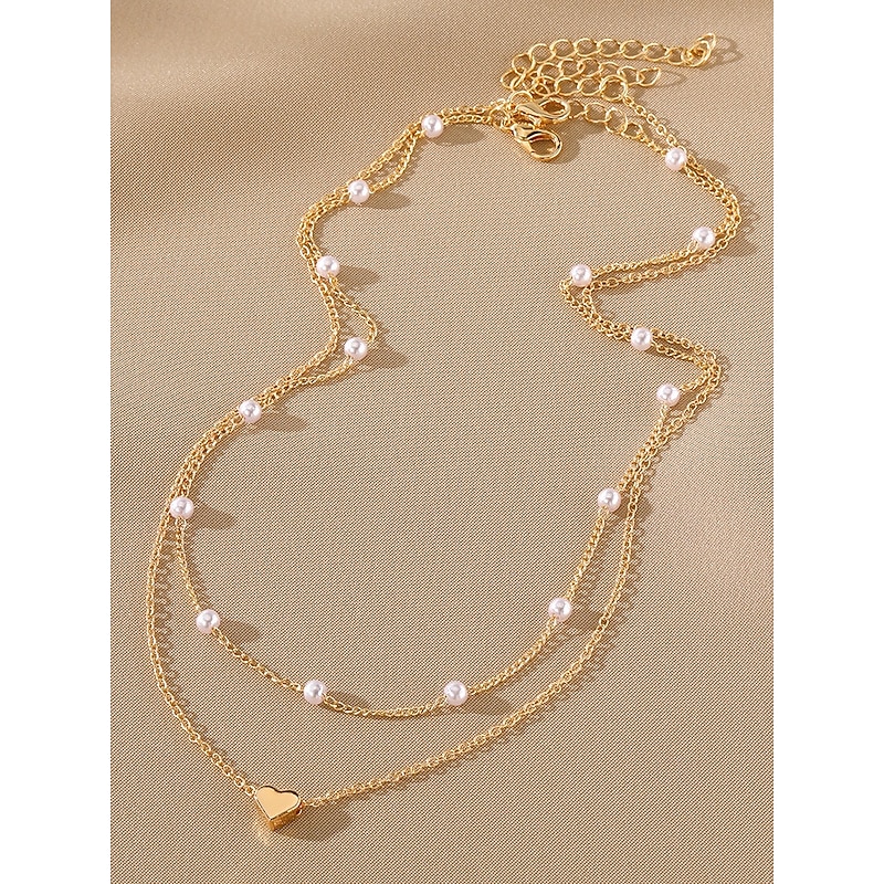 Women's Gold Heart Pendant Necklace and Bracelet Set – Dainty Layered Chain with Pearl Beads, Elegant Romantic Jewelry for Gifts, Weddings, and Everyday Wear4