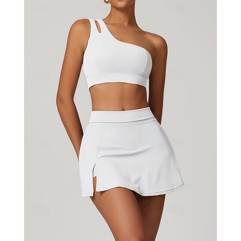 Women's Solid Colored Tennis Set Sleeveless Split Quick Dry Breathable Tennis Pickleball Yoga One Shoulder Black White Dark Navy Tennis Clothing3