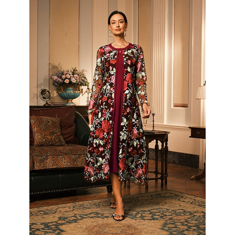Women's Midi Dress A Line Dress Dress With Jacket Elegant Cocktail Semi Formal Formal Party Wedding Guest Regular Fit Floral Long Sleeve Crew Neck Burgundy Spring Fall Winter