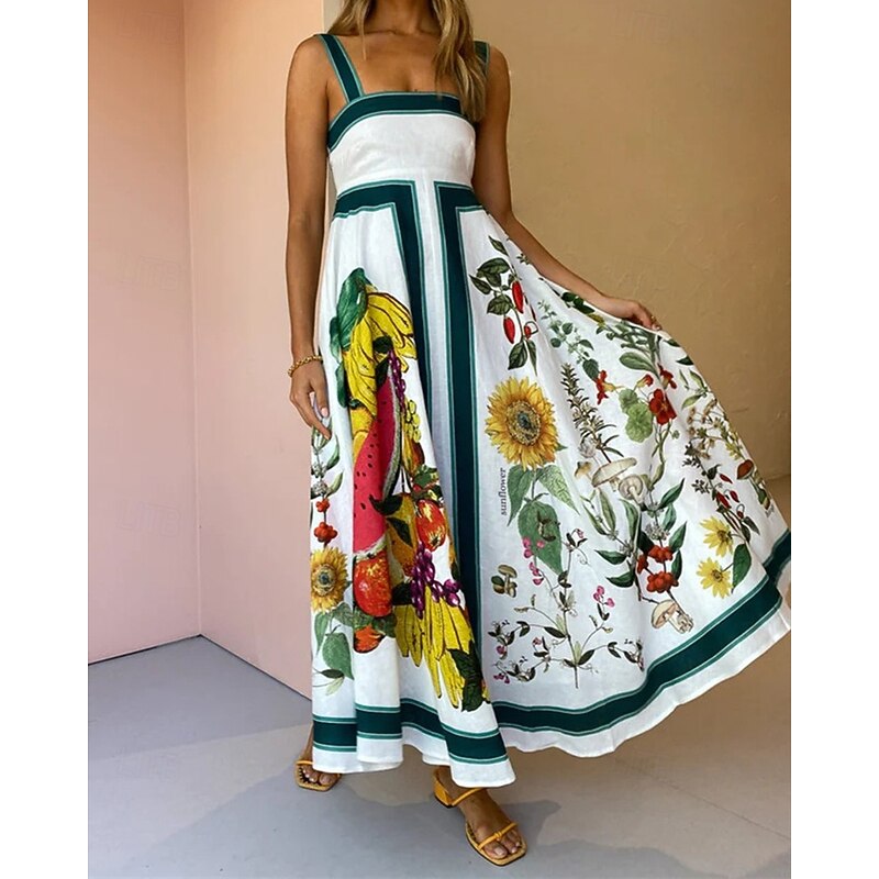 Women's Long Dress Maxi Dress Cotton Linen Dresses Casual Dress Fashion Outdoor Party Holiday Regular Fit Flower Sleeveless Straps White Summer2