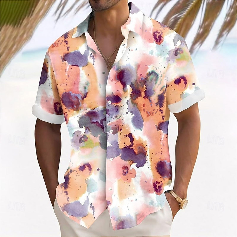 Men's Geometric Splash Ink Shirt Summer Shirt Button Up Shirt Short Sleeve Fashion Casual Outdoor Vacation Dailywear Summer Spring Turndown 3D Print Collared Shirts White