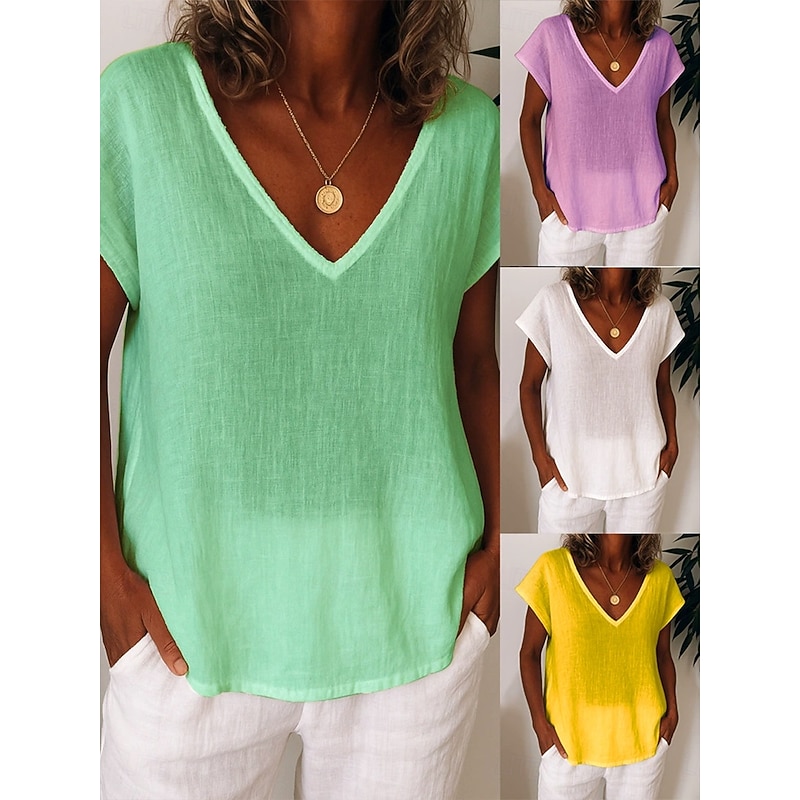 Women's T Shirt Solid Color Plain Casual Short Sleeve Round Neck Regular Tops Daily Going out Weekend Print White Yellow Light Green Purple Summer Spring