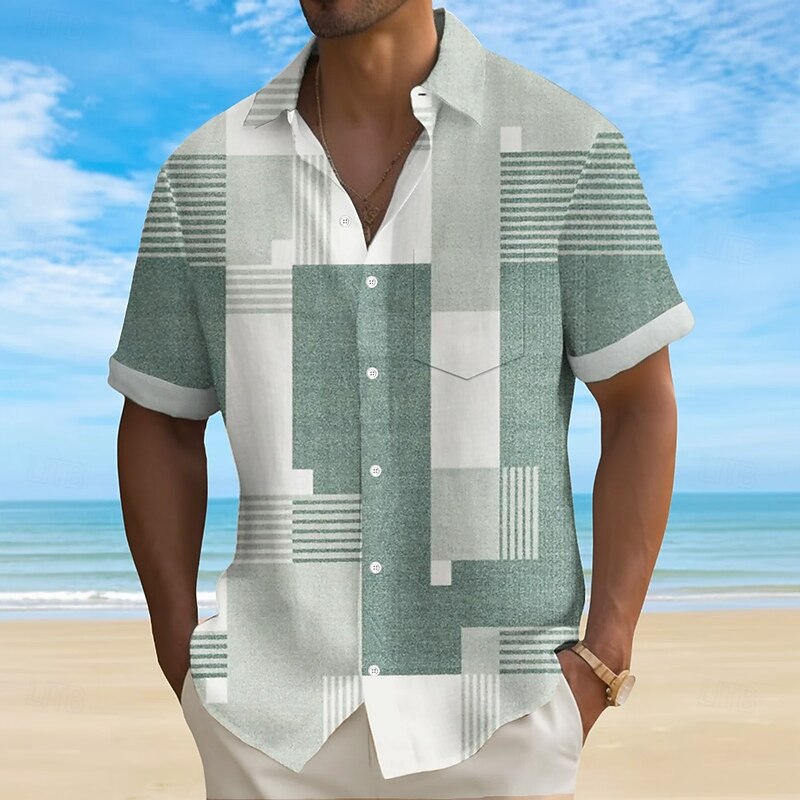 Men's Geometric Color Block Grid / Plaid Shirt Summer Shirt Button Up Shirt Short Sleeve Fashion Casual Vacation Holiday Streetwear Summer Turndown 3D Print Front One Pocket Linen Like Shirt Green3
