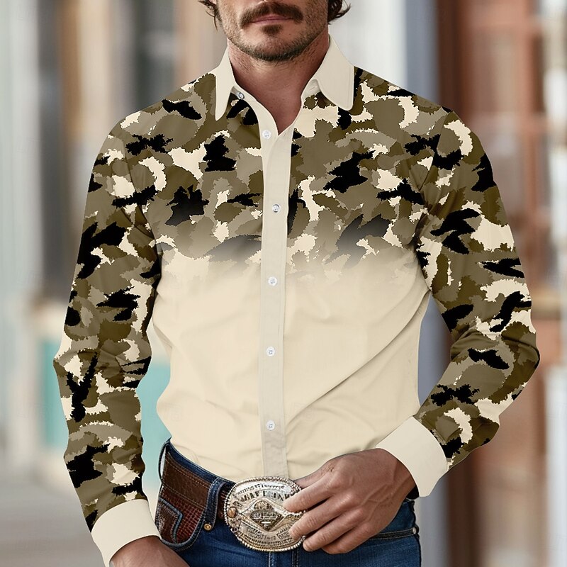 Men's Camouflage Western Shirt Long Sleeve Western Sports Outdoor Spring Fall Turndown Button Up Black White Brown Green2
