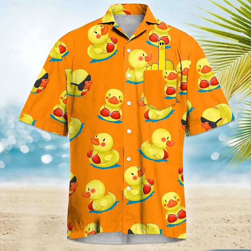 Men's Little Yellow Duck Funny Cuban Collar Shirt Summer Hawaiian Shirt Aloha Shirt Short Sleeve Hawaiian Vacation Holiday Beach Wear Summer Spring Camp Collar Shirt 3D Print Front One Pocket Black3