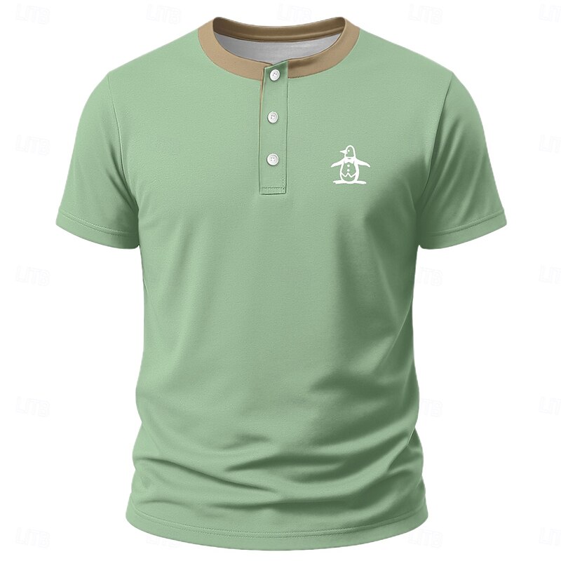 Men's Funny Penguin T Shirt Henley Shirt Short Sleeve Designer Retro Vintage Trendy Street Casual Daily Summer Spring All Seasons Black Light Green Navy Blue khaki Henley Henley T-Shirt