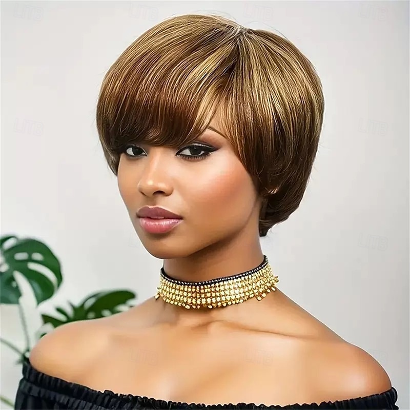Human Hair Wig Short Natural Straight Pixie Cut Short Bob Side Part Layered Haircut Natural Designers Natural Hairline Capless Brazilian Hair Women's Natural Black #1B Black / Dark Wine Medium Brown#42