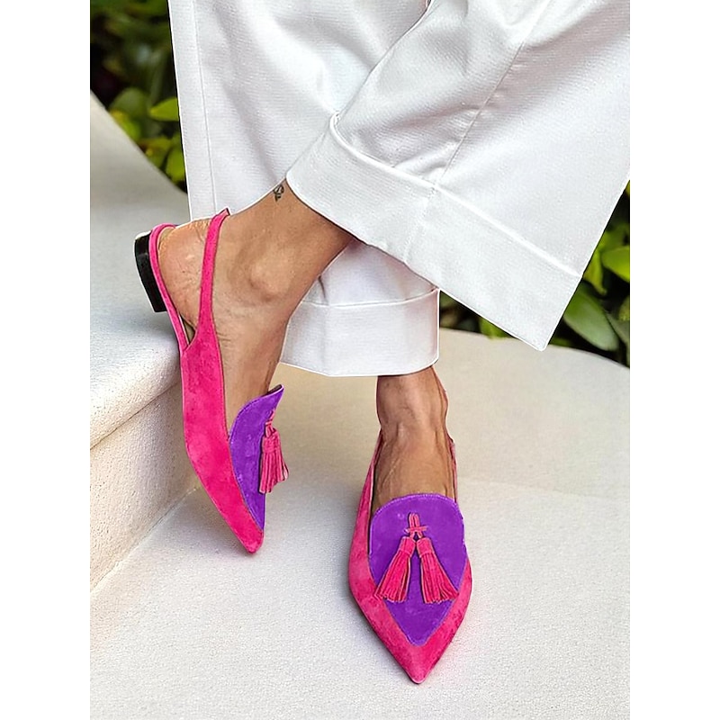Women's Colorblock Suede Pointed Toe Slingback Flats - Pink and Purple Tassel Loafers for Adults, Daily Date & Trendy Casual Outings2