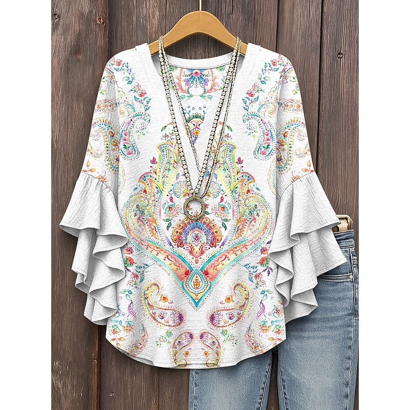 Women's Retro Blouse Layered Ruffle Sleeve Tops Vintage Floral Graphic Paisley Bohemia Vintage Daily 3/4 Length Sleeve Regular Tops Daily Holiday Vacation Wear Print White Red Blue Green3