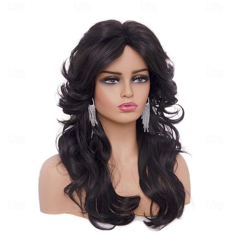 Vintage Wigs Natural Black Wig for Women Lady Layered Synthetic Full Wigs for 70s Cosplay Costume Disco Hair Wig Halloween Wigs3