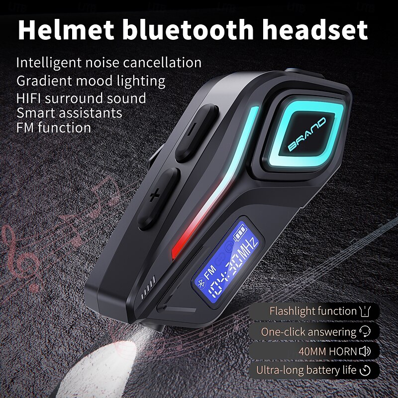 K80 Motorcycle Helmet Bluetooth Headset with LED Lights, FM Radio, Voice Assistant, 40H Battery, IPX8 Waterproof, CVC Noise Reduction, Wireless Intercom for Riding