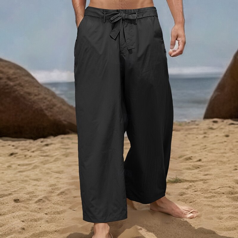 Men's Linen Pants Trousers Summer Pants Elastic Waist Plain Comfort Breathable Full Length Casual Daily Holiday Vacation Fashion Loose Fit Black White Micro-elastic4