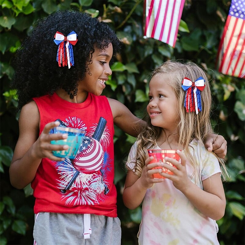 Independence Day Hair Bow Clips 3 Inch Red White Blue Curly Ribbon Hair Clips Handmade School Kids Girls Hair Accessories for 4th of July3
