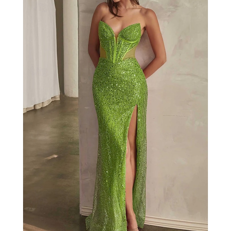 Drop Waist Dress Mermaid / Trumpet Prom Dresses Elegant Dress Formal Semi Formal Wedding Sweep / Brush Train Sleeveless Plunge Neckline with Glitter Sequin Slit4