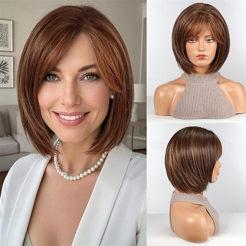 Bob Wigs for Women Synthetic Wig with Fringe Brown Color