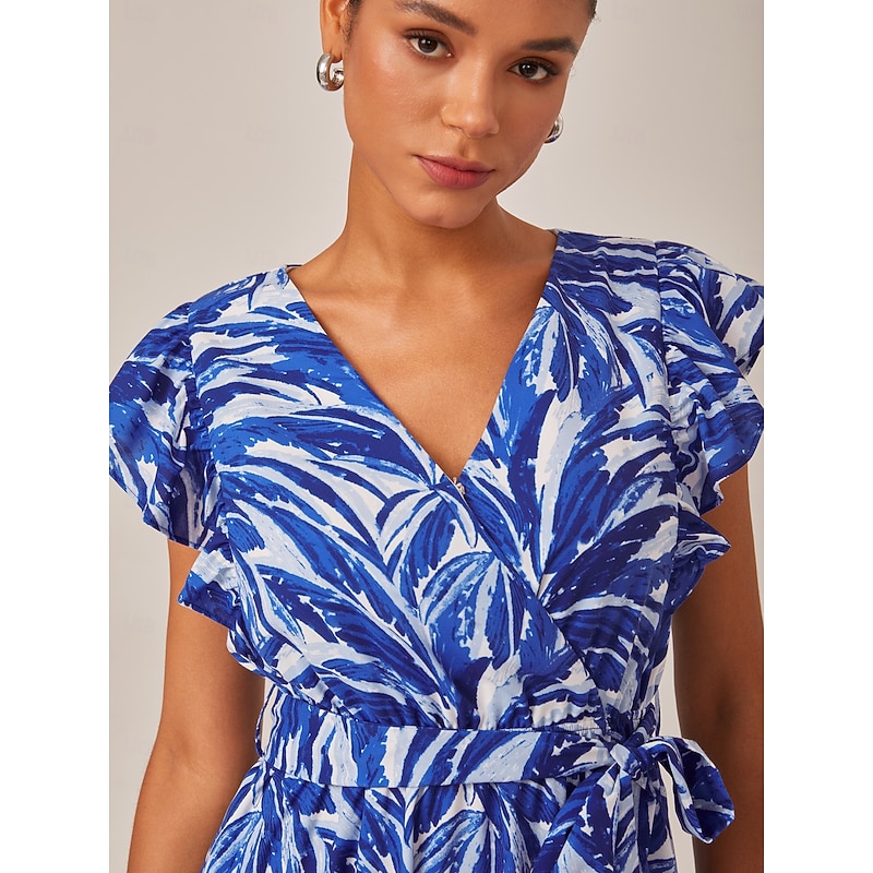 Petite Leaf Print Drawstring Rufle Sleeve Midi Dress4
