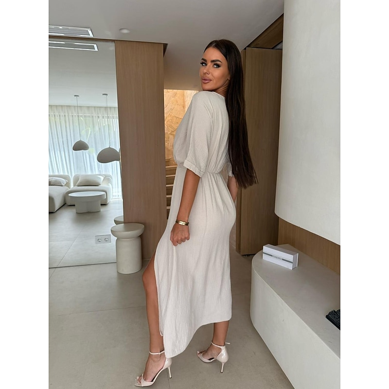 Women's Midi Dress Swing Dress Summer Dress Elegant Daily Going out Summer Dress Regular Fit Pure Color Half Sleeve V Neck Black Green Apricot Summer4