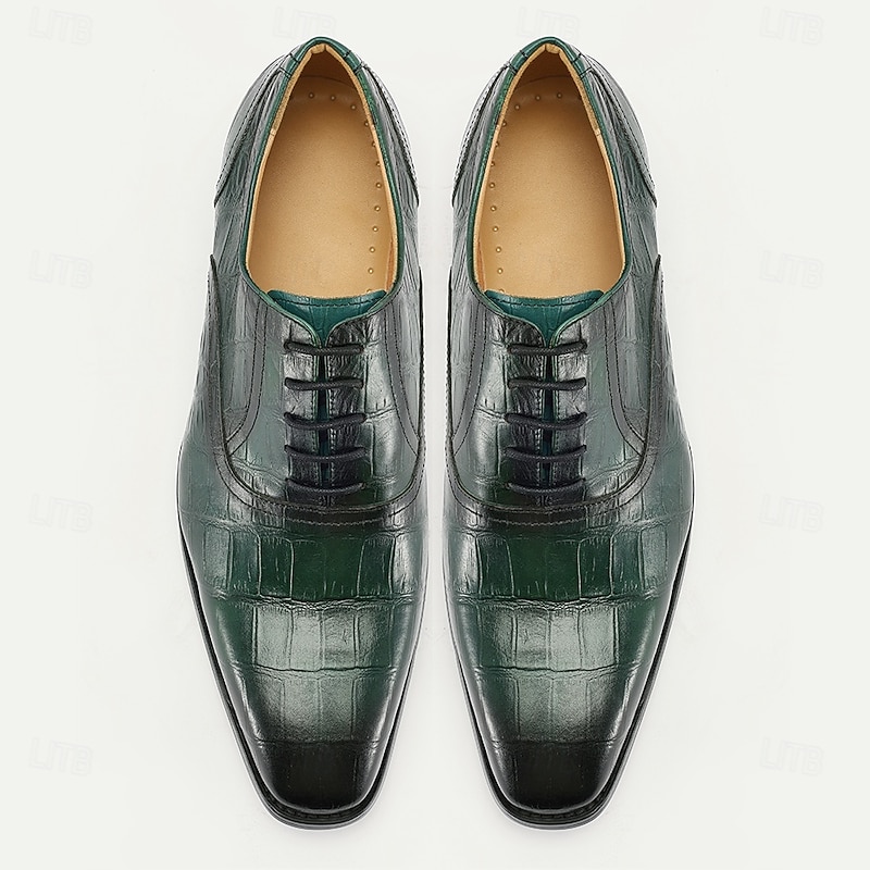 Men's Premium Green Crocodile Leather Lace-Up Shoes with Elegant Detailing for Formal Dinners and Gala Events4