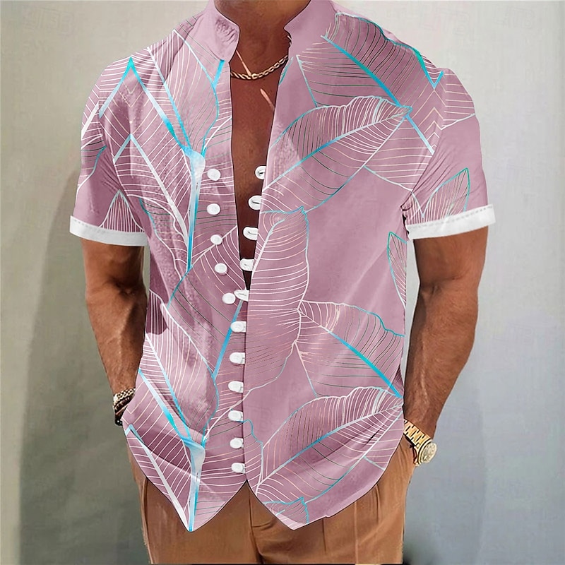 Men's Palm Leaf Tropical Plants Summer Hawaiian Shirt Aloha Shirt Stand Collar Shirt Short Sleeve Hawaiian Vacation Beach Wear Summer Spring Mandarin Collar 3D Print Button Down Shirts Pink Blue3