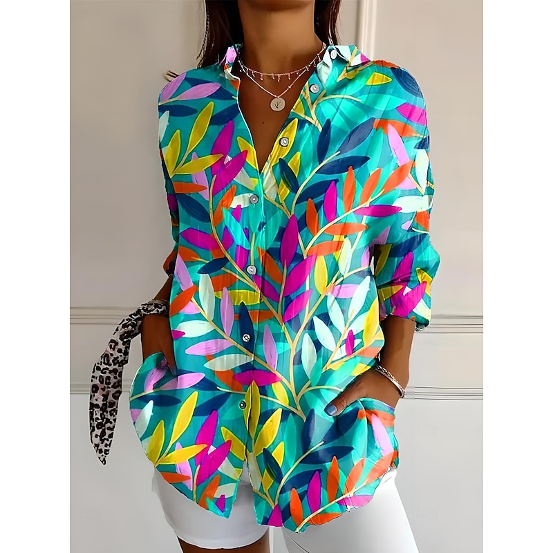 Women's Shirt Button Down Tunic Shirt Collar Long Sleeve Ombre Floral Graphic Bohemia Active Daily Regular Tops Work Daily s Print White Pink Blue Purple Orange Spring Fall4