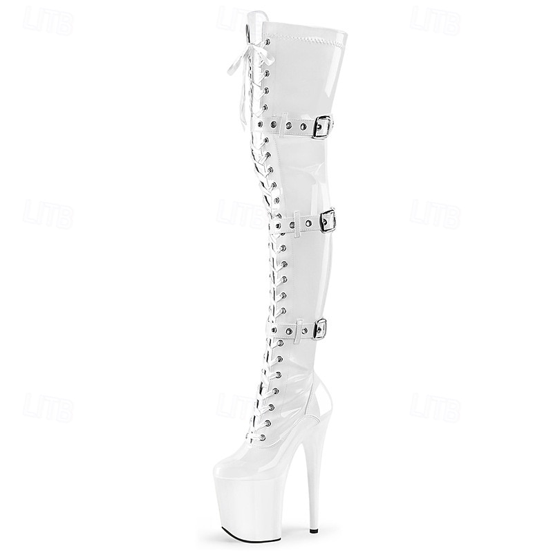 Women's Red Patent Leather Thigh High Platform Boots – Buckle Strap Stiletto Over-the-Knee Boots for Clubwear, Cosplay, and Exotic Dance Performance3