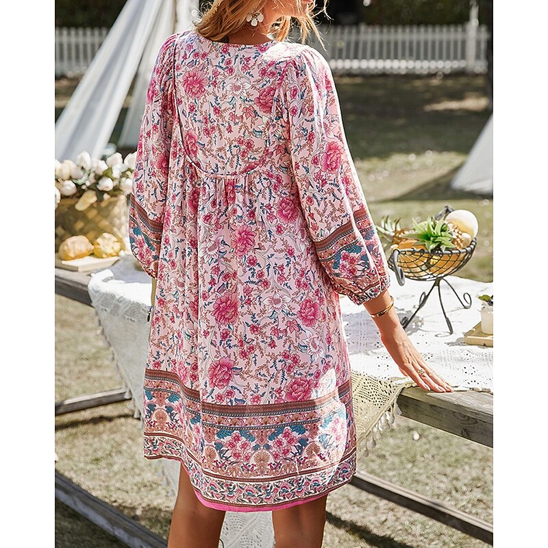 Women's Mini Dress Floral Dress Boho Dress Print Dress Classic Modern Outdoor Vacation Holiday Regular Fit Flower Long Sleeve V Neck Yellow Pink Navy Blue Blue Summer4