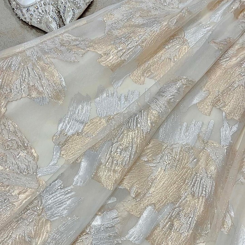 Jacquard Brocade Floral  A-Line Evening Gown Elegant Dress Formal Wedding Floor Length Short Sleeve Off Shoulder Pocket Nylon with Slit Pocket3