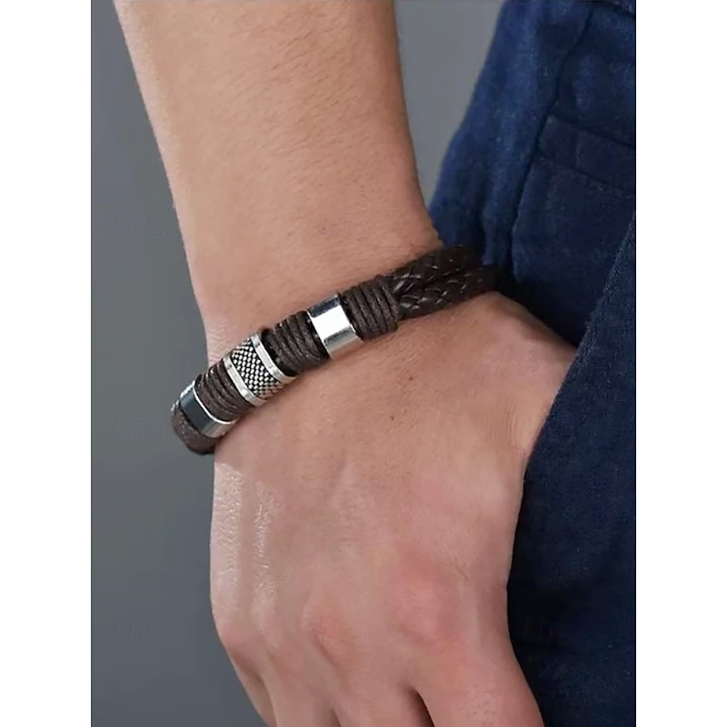 Men's Braided Faux Leather Bracelet with Stainless Steel Clasp – Vintage Style Adjustable Wristband for Casual, Daily Wear and Gifts3