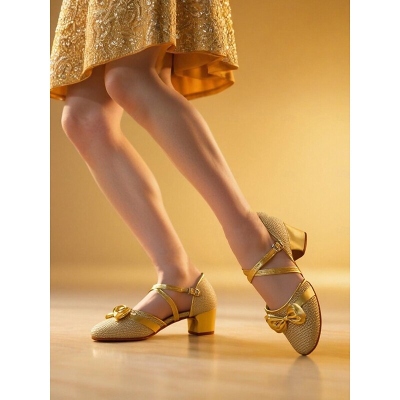 Girls's Glitter Gold Low Heel Dance Shoes with Bow and Cross Straps - Sparkly Performance Footwear for Youth Stage Shows, Ballroom Practice and Talent Competitions2