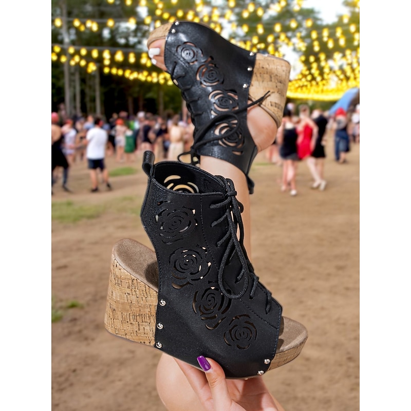 Women's Black Floral Cutout Lace-Up Wedge Sandals – Boho Festival Platform Shoes for Outdoor Events3