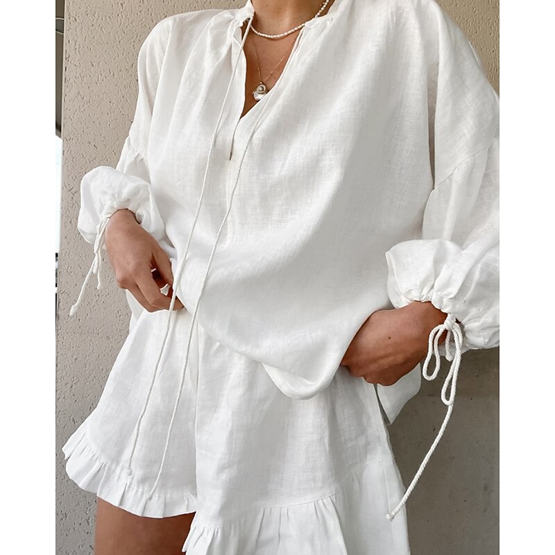 Women's Active Cotton Linen Shirts Blouse Shorts Sets Long Sleeve V Neck Solid Color Ruched Casual Daily Weekend Black White Pink Summer Regular Fit2
