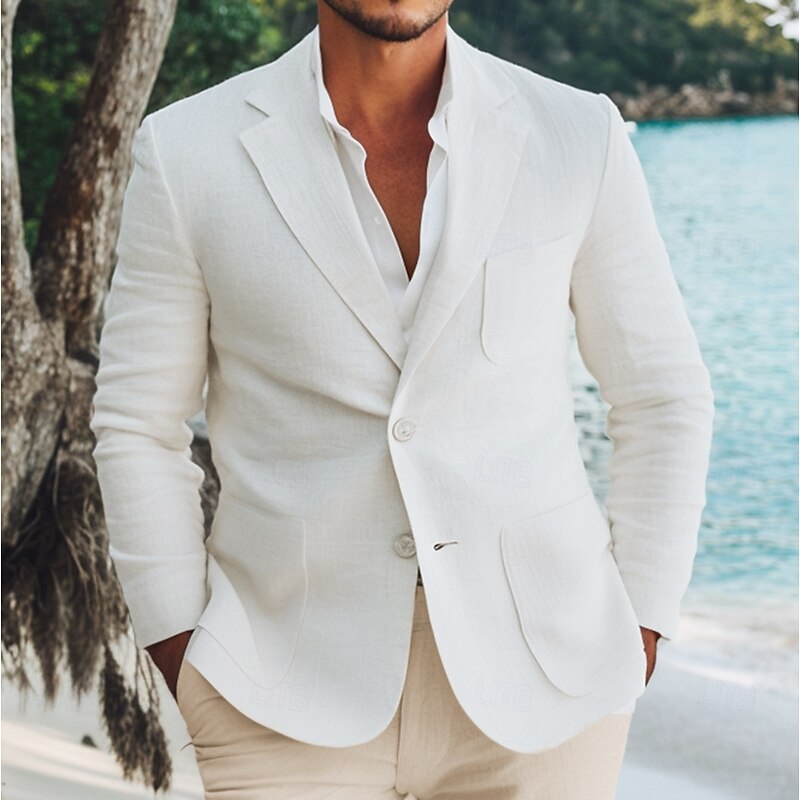Men's Blazer Linen Blazer Sport Coat Outdoor Casual Spring & Summer  Cotton Linen Solid Color White2
