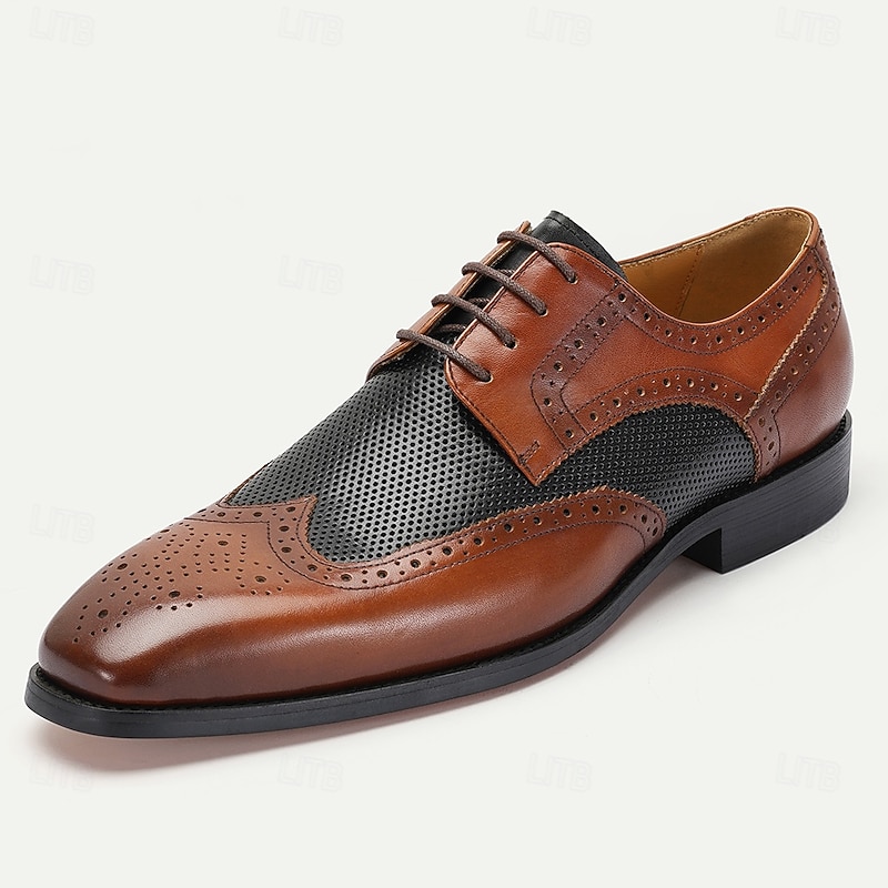 Men's Premium Brown and Black Leather Lace-Up Shoes with Mesh Detailing for Business and Formal Occasions2