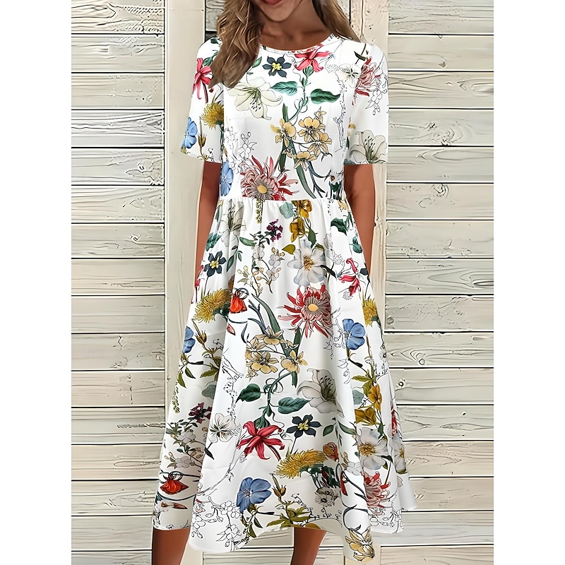 Women's Midi Dress T Shirt Dress Tee Dress A Line Dress Summer Dress Vacation Casual Daily Going out Summer Dress Regular Fit Floral Graphic Half Sleeve Crew Neck White Dark Pink Blue Summer Spring