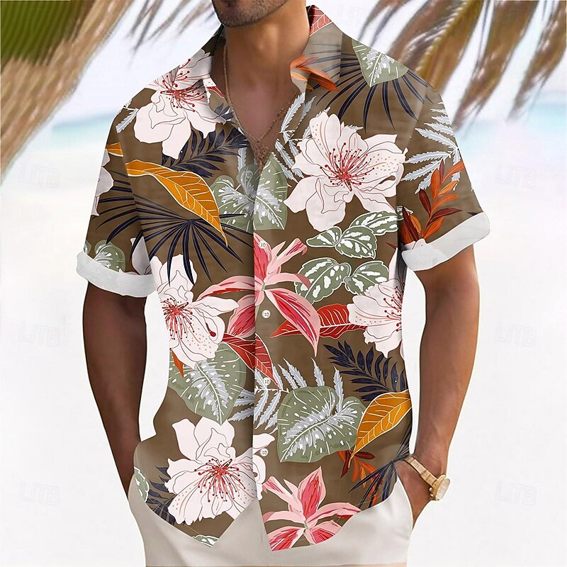 Men's Palm Leaf Tropical Plants Flowers Summer Hawaiian Shirt Button Up Shirt Aloha Shirt Short Sleeve Hawaiian Vacation Holiday Beach Wear Summer Spring Turndown 3D Print Collared Shirts Black Blue3