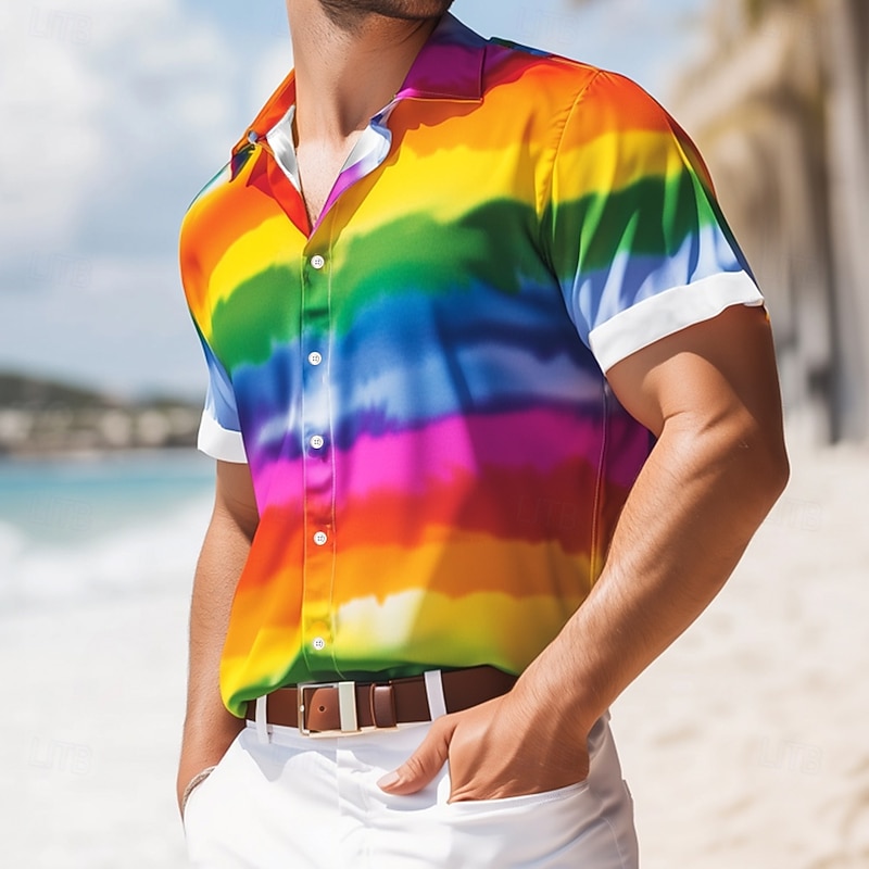 Men's Rainbow Striped Pride Shirt Summer Shirt Button Up Shirt Short Sleeve Fashion Casual Holiday Summer Spring Turndown 3D Print Collared Shirts Rainbow