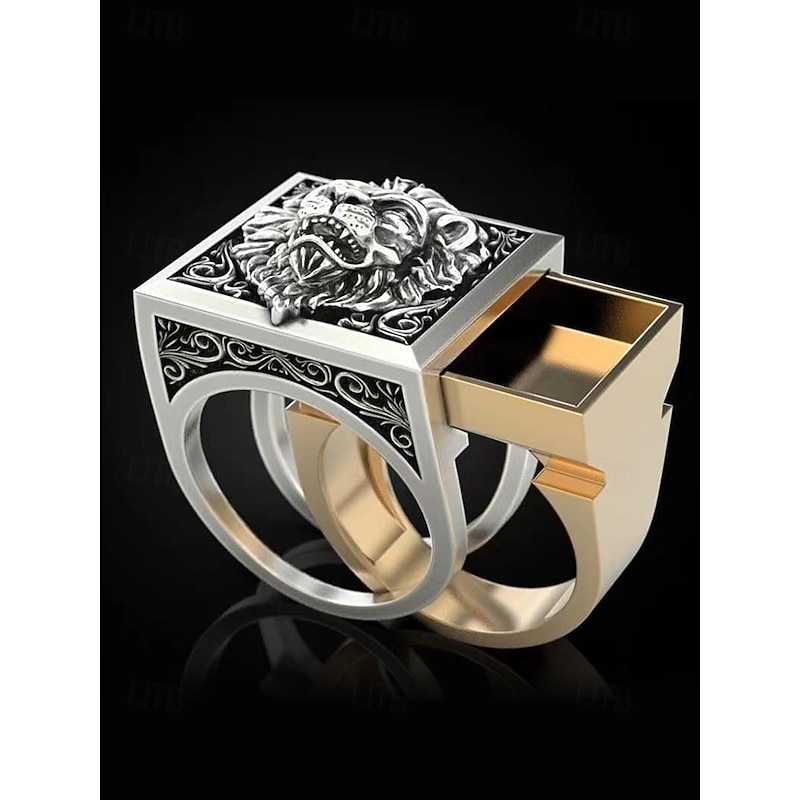 Men's statement lion head ring with pull-out detail and square design, Fashion statement jewelry for casual and formal occasions