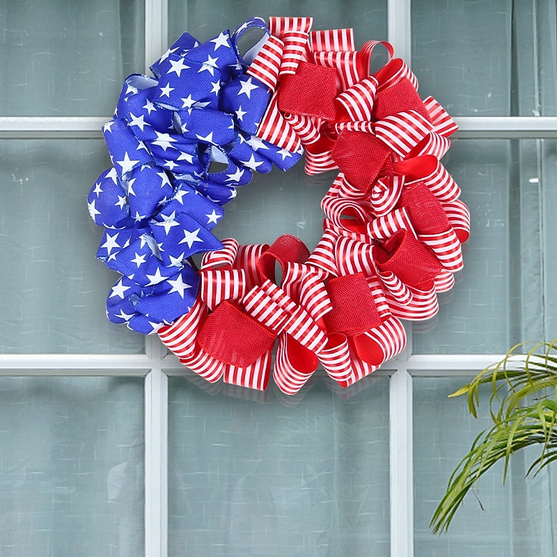 Patriotic Wreath for Front Door 4th of July Independence Day Red White and Blue Decoration, American Flag Ribbon Faux Burlap Vine Ring, Rustic Wall Hanging for Party Window or Door Decor3